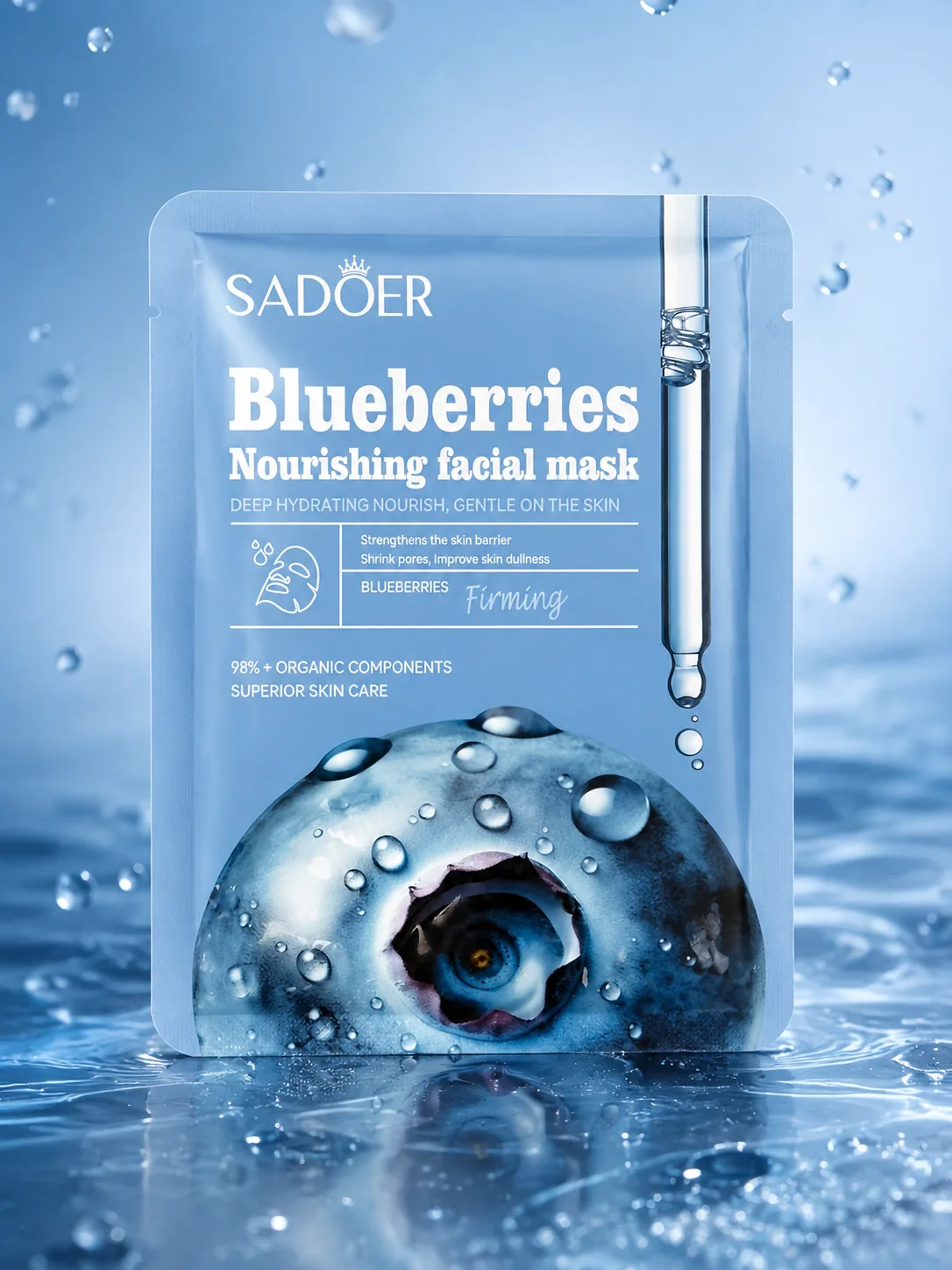 The Sadoer Blueberries sheet mask sachet standing in water