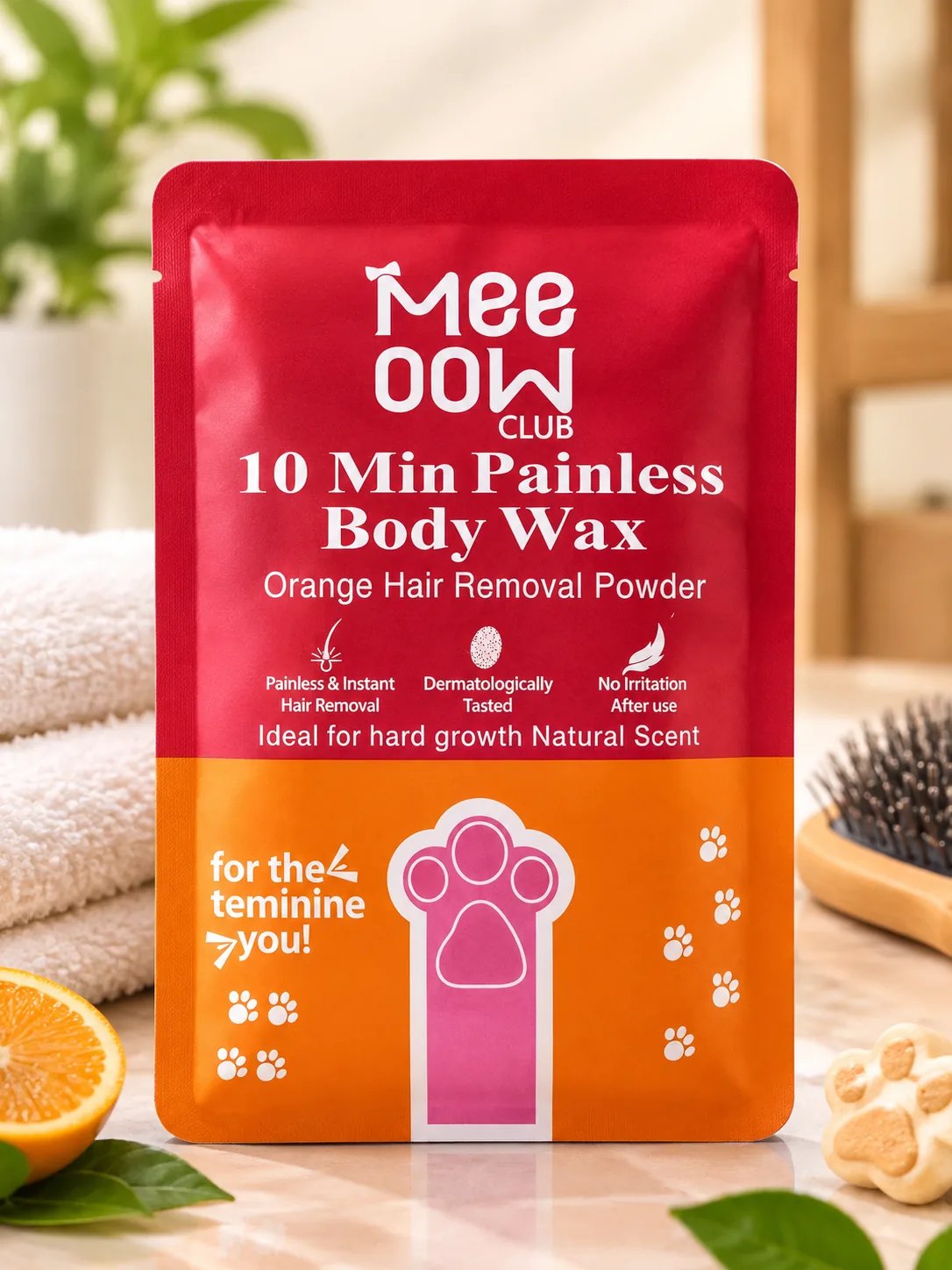 The Meeoow Club painless body wax pack on a marble counter, towels and a fresh orange beside it
