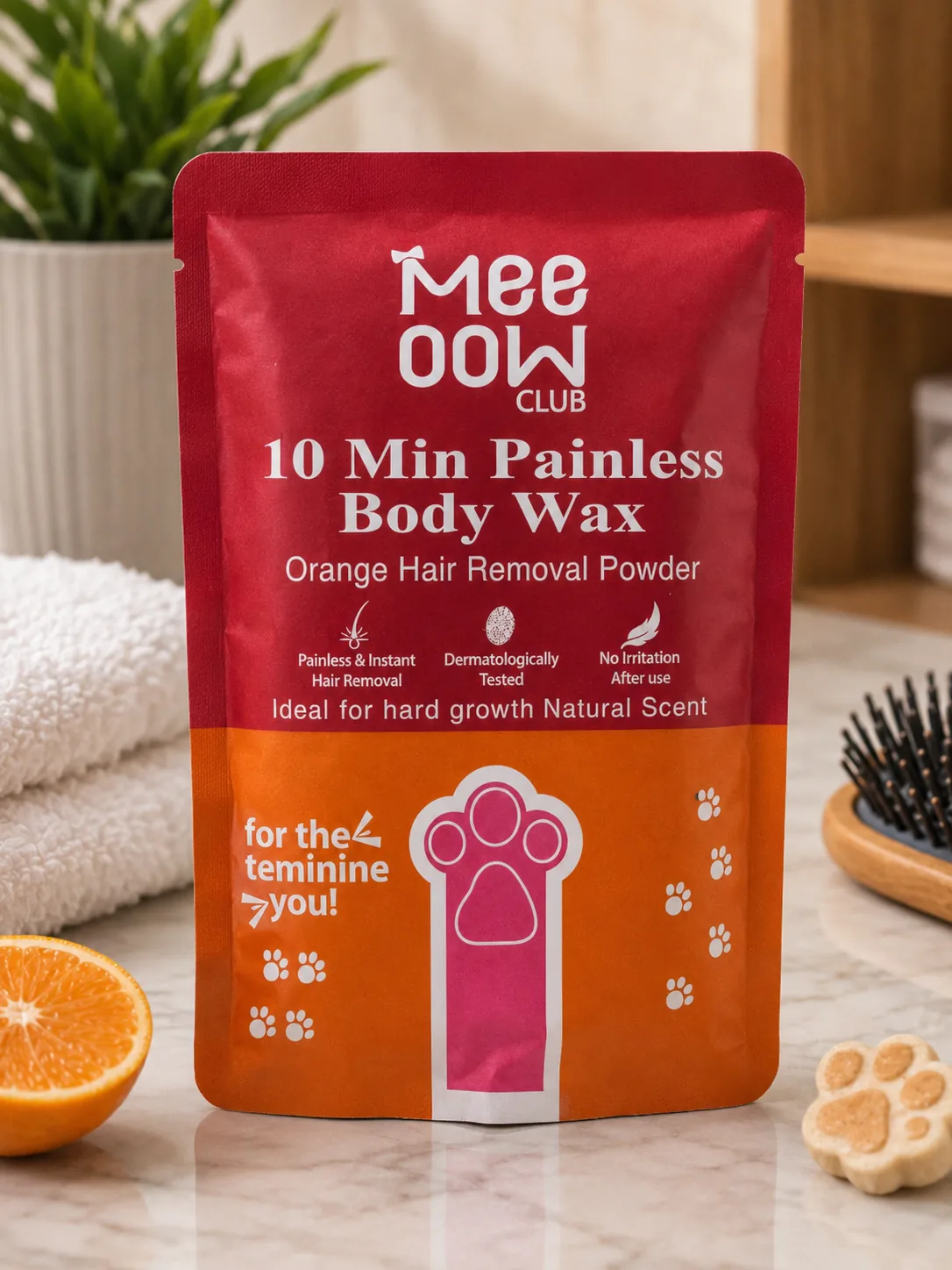 The Meeoow Club wax pack on a bathroom shelf with a plant, a hairbrush and folded towels